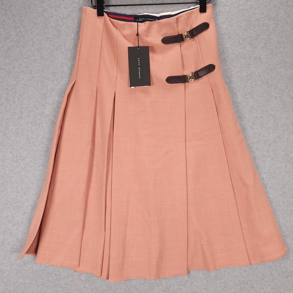 Zara Womens Small Coral Pink Knee Length Box Pleated Buckle Skirt Kilt Academia